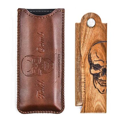 Menesia Men’s Pocket Comb,Folding Wooden Beard Comb with Leather Travel Case,Green Sandalwood Hair Combs Set for Men(Skeleton)