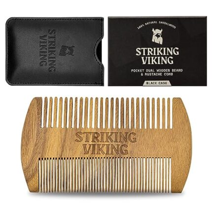 Sandalwood Beard Comb and Case – Pocket Sized Wooden Beard & Mustache Comb with Fine & Coarse Teeth – Perfect for Use with Balms and Oils – Striking Viking (Black)