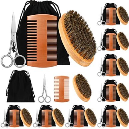 Maitys 10 Sets Beard Comb Bulk Beard Brush Scissors Set for Men Boar Bristle Dual Sided Brush Wooded Mustache Comb with Pouch(Oval Brush)