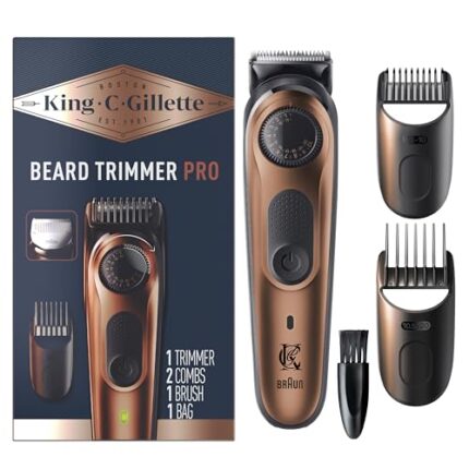 King C. Gillette Beard Trimmer PRO with 40 Beard Length Settings in Precise 0.5mm Steps, Cordless Design & 1 Trimmer, 1 Brush, 2 Combs, 1 Charger and 1 Zip Pouch