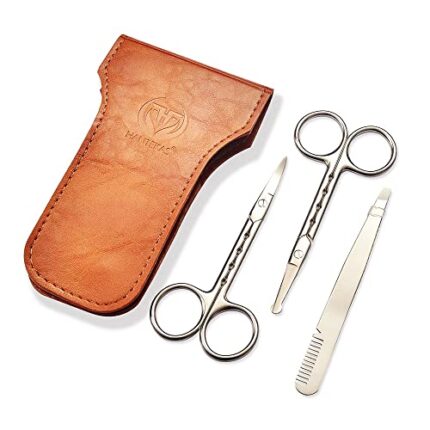 Professional Stainless Steel Curved and Rounded Facial Hair Scissors Tweezers Set For Men – Moustache, Nose Hair, Beard Trimming Scissors,Safety Use for Eyebrows,Eyelashes,Ear Hair – PU Leather Bag