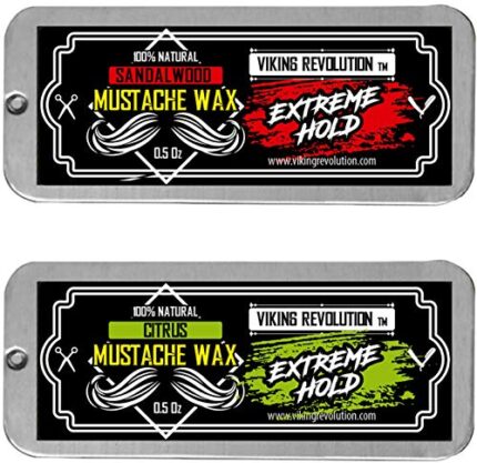Viking Revolution Mustache Wax 2 Pack – Extreme Hold Beard & Moustache Wax for Men – Strong Hold Helps Train Tame & Style – Citrus & Sandalwood Scents- 0.5oz each